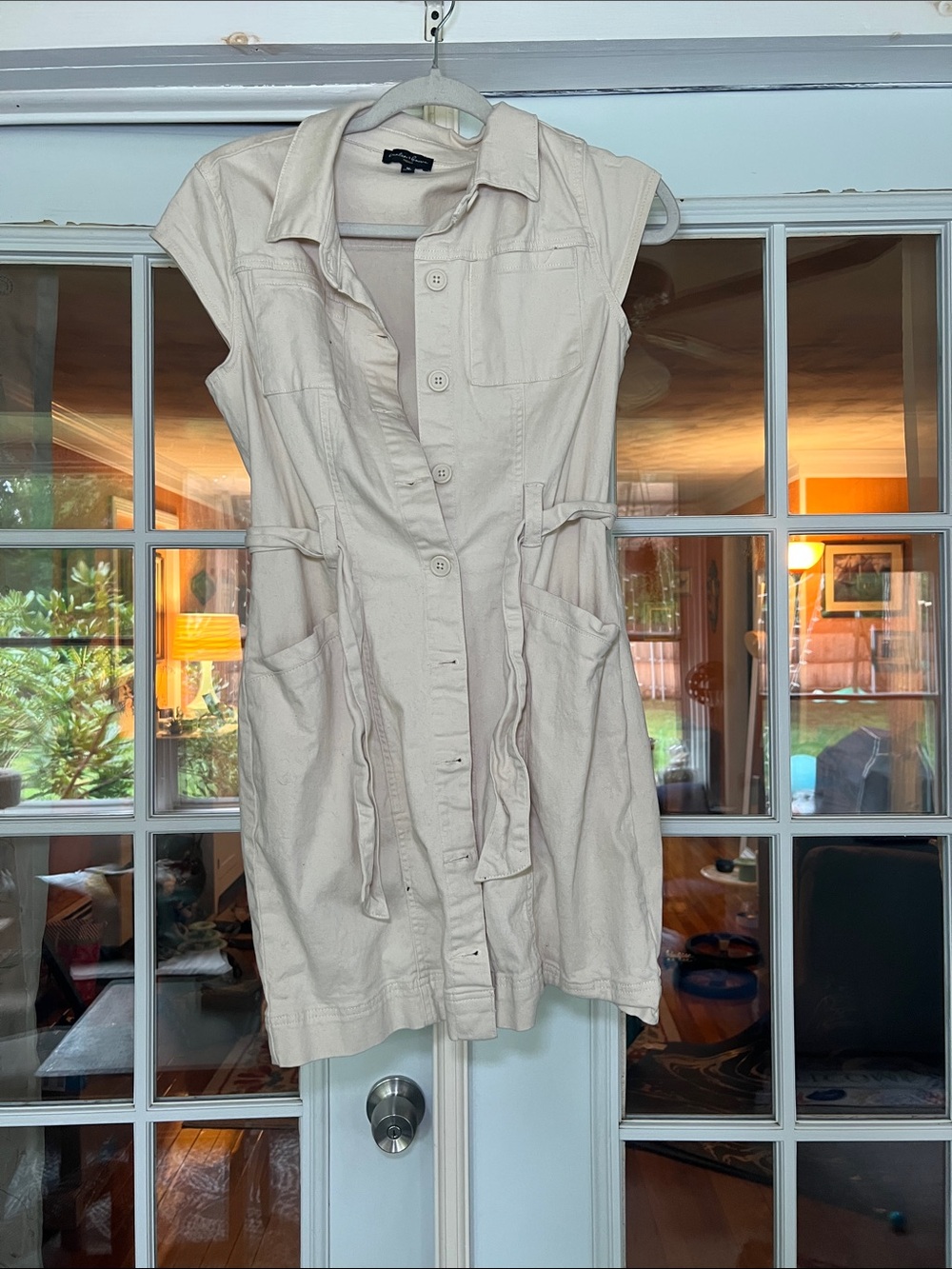 Sleeveless Button-Front Utility Dress in Light Beige